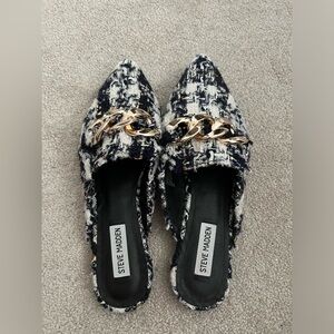 New without tags - Steve Madden Finn mules 9.5 tweed gold buckle blue navy white